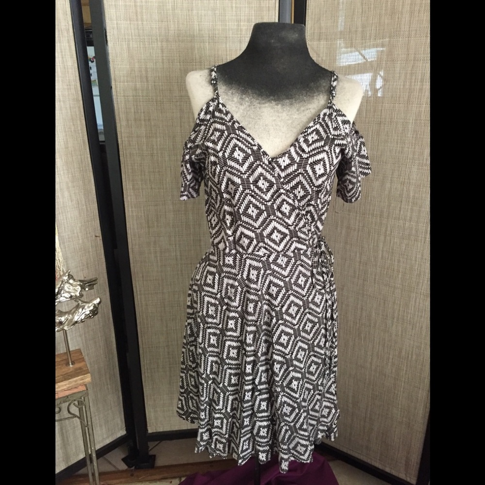 Angie open shoulder faux wrap dress.